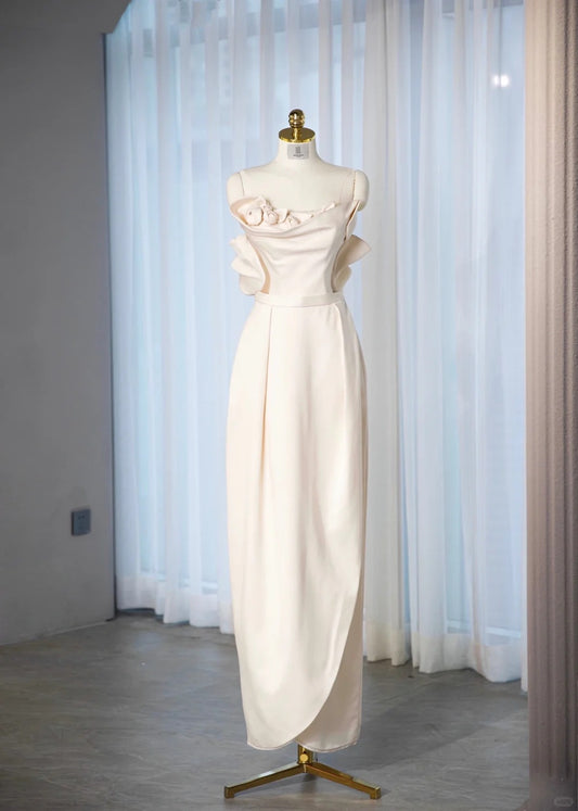 Charming Ivory Strapless Sheath Maxi Dress Gorgeous Handmade Flowers Details Asymmetric Hem Prom Dress AP2180