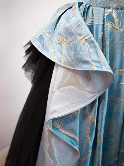 Glamorous Ruffles Hem A-Line Strapless Evening Dress Stylish Tulle Trimmed Applique Prom Dress AP2181