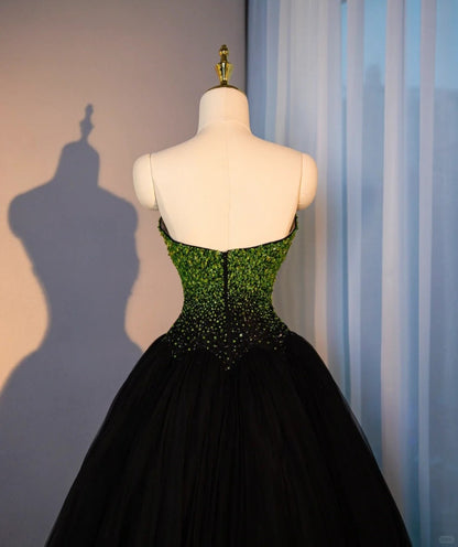 Luxurious Black Cascade Tulle Hem A-Line Strapless Evening Dress Stylish Gradient Glittering Green Sequins Accent Prom Dress AP2182