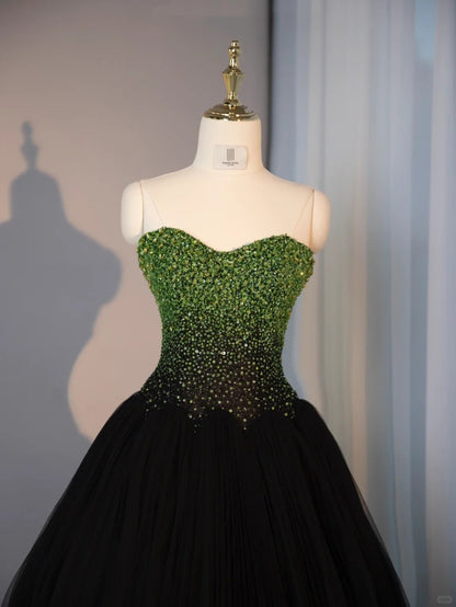 Luxurious Black Cascade Tulle Hem A-Line Strapless Evening Dress Stylish Gradient Glittering Green Sequins Accent Prom Dress AP2182