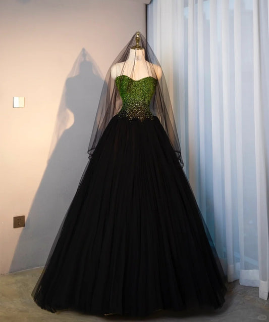 Luxurious Black Cascade Tulle Hem A-Line Strapless Evening Dress Stylish Gradient Glittering Green Sequins Accent Prom Dress AP2182