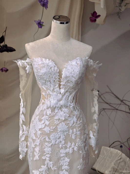 Chic Applique Off-Shoulder Mermaid Lace-Up Back Bridal Dress Elegant Long Sleeve Sheer Tulle Layered Wedding Dress AP2183