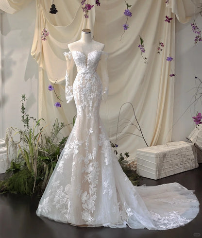 Chic Applique Off-Shoulder Mermaid Lace-Up Back Bridal Dress Elegant Long Sleeve Sheer Tulle Layered Wedding Dress AP2183
