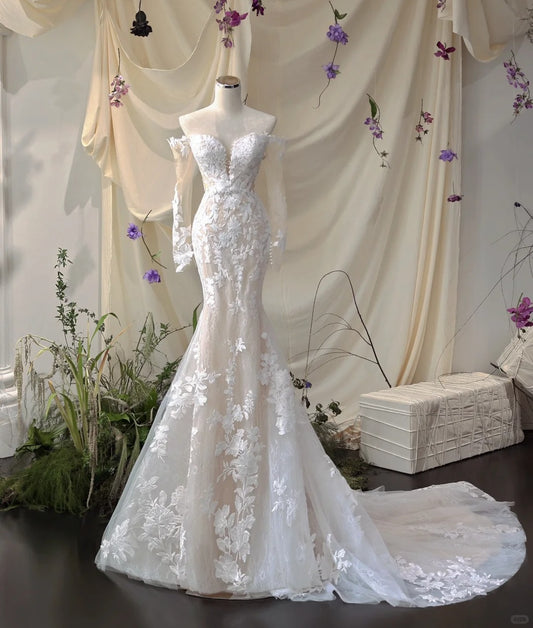 Chic Applique Off-Shoulder Mermaid Lace-Up Back Bridal Dress Elegant Long Sleeve Sheer Tulle Layered Wedding Dress AP2183