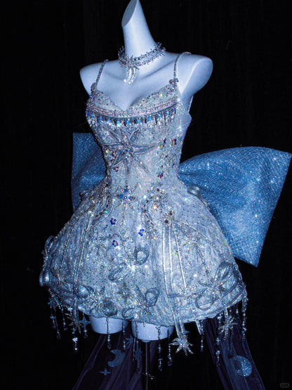 Stunning Dreamy Crystal-Embellished Spaghetti Strap Mini Dress Birthday Outfits Exquisite Giant Sparkly Bow A-Line Homecoming Dress AP2184