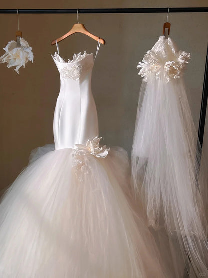 New Fashion Handmade Flowers Mermaid Engagement Dress Graceful Sheath Applique Satin Corset Bodice Cascade Tulle Hem Wedding Dress AP2188