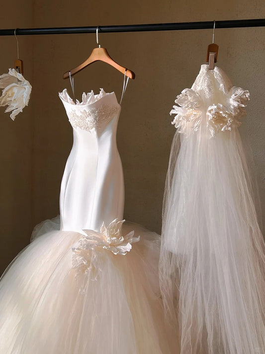 New Fashion Handmade Flowers Mermaid Engagement Dress Graceful Sheath Applique Satin Corset Bodice Cascade Tulle Hem Wedding Dress AP2188