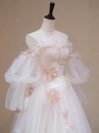 Gorgeous A-Line Puffy Tulle Sleeves Off-Shoulder Bridal Gowns Cascade Tulle Handmade Flowers Wedding Dress AP2190