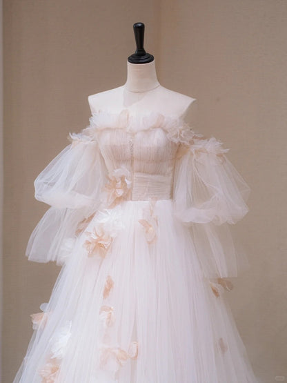 Gorgeous A-Line Puffy Tulle Sleeves Off-Shoulder Bridal Gowns Cascade Tulle Handmade Flowers Wedding Dress AP2190