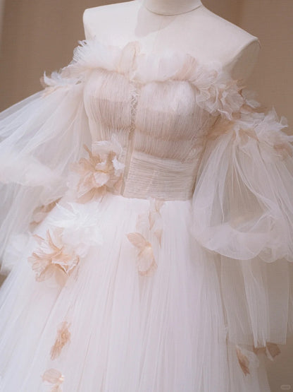 Gorgeous A-Line Puffy Tulle Sleeves Off-Shoulder Bridal Gowns Cascade Tulle Handmade Flowers Wedding Dress AP2190