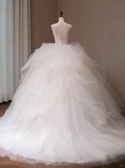 Alluring Big Bow Accent Satin Bodice Bridal Dress Charming Mesh Trimmed A-Line Strapless Layered Tulle Wedding Dress AP2192