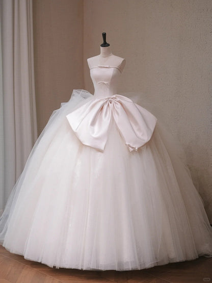 Alluring Big Bow Accent Satin Bodice Bridal Dress Charming Mesh Trimmed A-Line Strapless Layered Tulle Wedding Dress AP2192