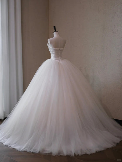 Fairytale Ruched Satin Bodice Flowing Tulle Hem Bridal Dress Charming Zipper Back Strapless A-Line Wedding Dress AP2194