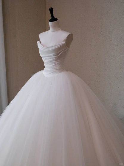 Fairytale Ruched Satin Bodice Flowing Tulle Hem Bridal Dress Charming Zipper Back Strapless A-Line Wedding Dress AP2194