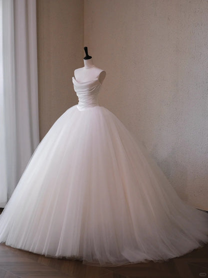 Fairytale Ruched Satin Bodice Flowing Tulle Hem Bridal Dress Charming Zipper Back Strapless A-Line Wedding Dress AP2194