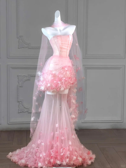 Dreamy Strapless Pink Tulle Hem Maxi Mermaid Evening Dress Ethereal Corset Bodice 3D Floral Details Prom Dress AP2196