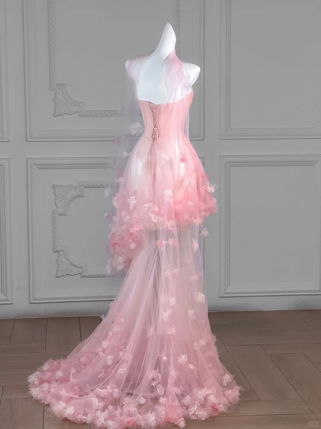Dreamy Strapless Pink Tulle Hem Maxi Mermaid Evening Dress Ethereal Corset Bodice 3D Floral Details Prom Dress AP2196