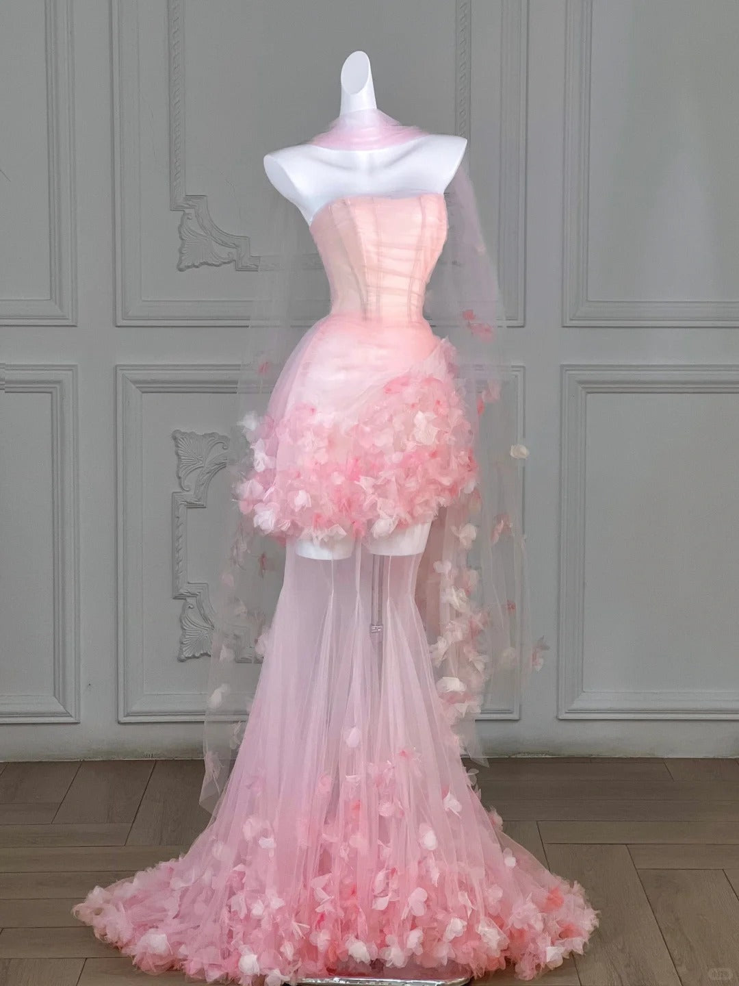 Dreamy Strapless Pink Tulle Hem Maxi Mermaid Evening Dress Ethereal Corset Bodice 3D Floral Details Prom Dress AP2196