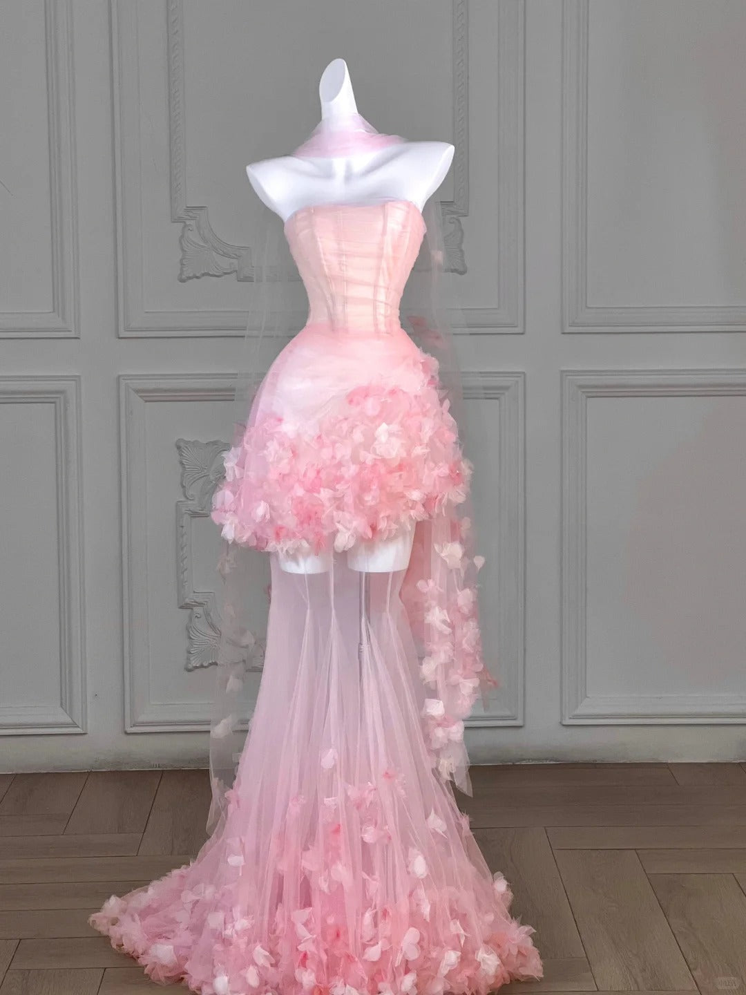 Dreamy Strapless Pink Tulle Hem Maxi Mermaid Evening Dress Ethereal Corset Bodice 3D Floral Details Prom Dress AP2196