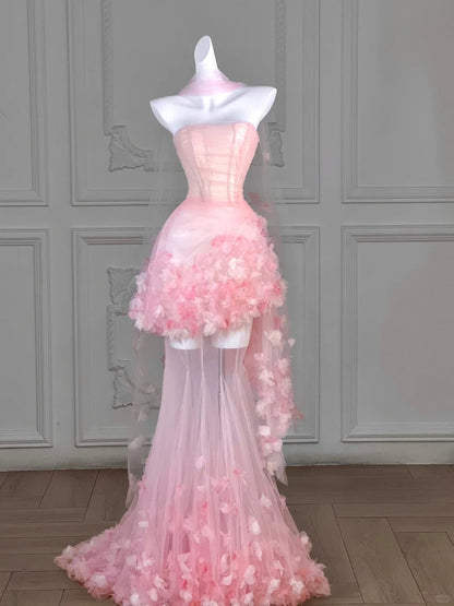 Dreamy Strapless Pink Tulle Hem Maxi Mermaid Evening Dress Ethereal Corset Bodice 3D Floral Details Prom Dress AP2196