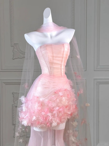 Dreamy Strapless Pink Tulle Hem Maxi Mermaid Evening Dress Ethereal Corset Bodice 3D Floral Details Prom Dress AP2196