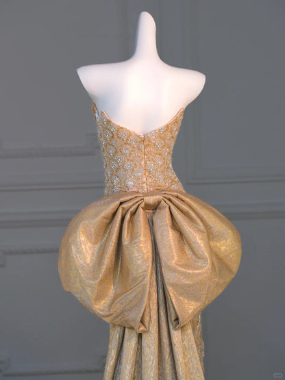 Stylish Strapless Sheath Shimmer Big Bow Detail Maxi Dress Vintage Intricate Rhinestone Beadwork Side Slit Prom Dress AP2197