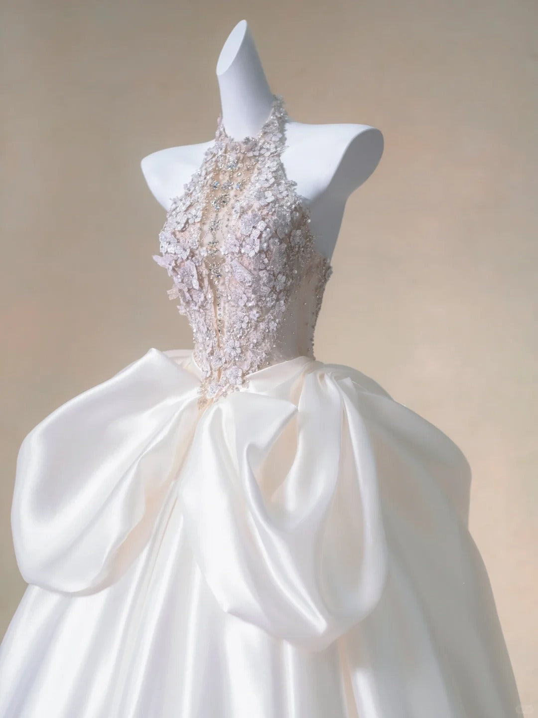 Dreamy Sparkly Beadwork 3D Floral Accents Halter Bridal Dress Luxurious Rhinestone Detail A-Line Ruched Satin Hem Wedding Dress AP2198