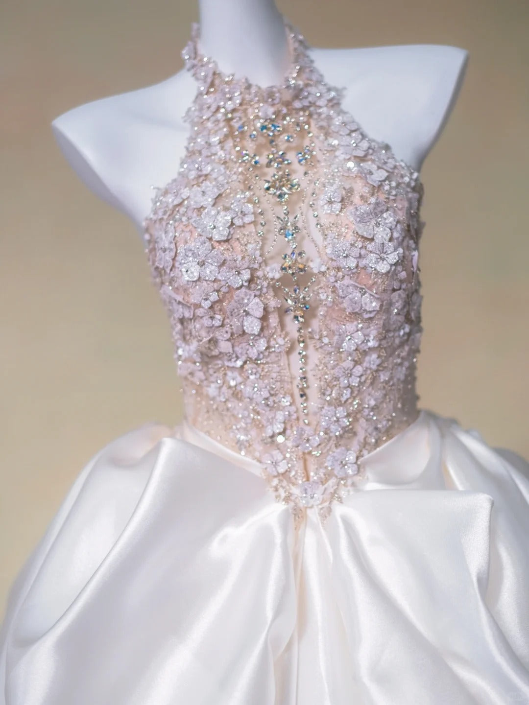 Dreamy Sparkly Beadwork 3D Floral Accents Halter Bridal Dress Luxurious Rhinestone Detail A-Line Ruched Satin Hem Wedding Dress AP2198