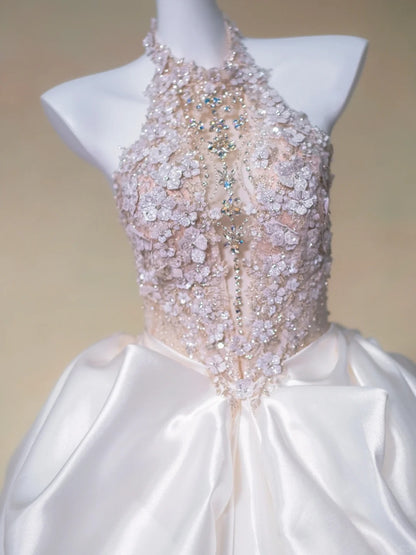 Dreamy Sparkly Beadwork 3D Floral Accents Halter Bridal Dress Luxurious Rhinestone Detail A-Line Ruched Satin Hem Wedding Dress AP2198