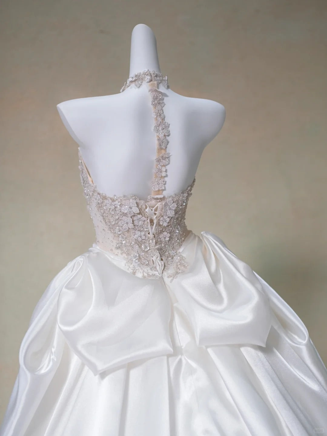 Dreamy Sparkly Beadwork 3D Floral Accents Halter Bridal Dress Luxurious Rhinestone Detail A-Line Ruched Satin Hem Wedding Dress AP2198