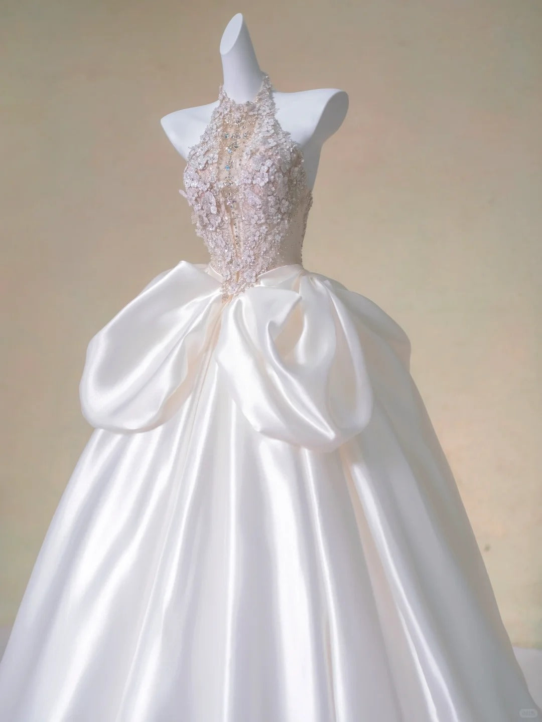 Dreamy Sparkly Beadwork 3D Floral Accents Halter Bridal Dress Luxurious Rhinestone Detail A-Line Ruched Satin Hem Wedding Dress AP2198