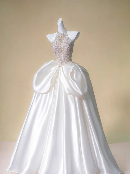 Dreamy Sparkly Beadwork 3D Floral Accents Halter Bridal Dress Luxurious Rhinestone Detail A-Line Ruched Satin Hem Wedding Dress AP2198