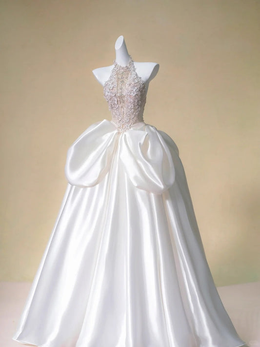 Dreamy Sparkly Beadwork 3D Floral Accents Halter Bridal Dress Luxurious Rhinestone Detail A-Line Ruched Satin Hem Wedding Dress AP2198