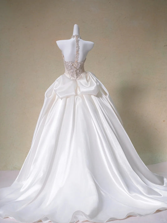 Dreamy Sparkly Beadwork 3D Floral Accents Halter Bridal Dress Luxurious Rhinestone Detail A-Line Ruched Satin Hem Wedding Dress AP2198