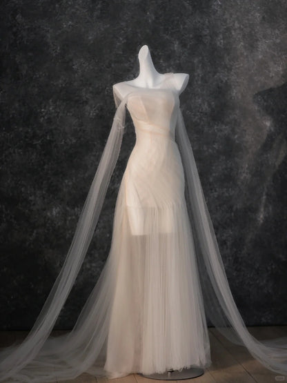 Ethereal Sheer Tulle Overlay Sheath Maxi Evening Dress Romantic Asymmetric Neckline One-Shoulder Design Short Sleeve Prom Dress AP2199