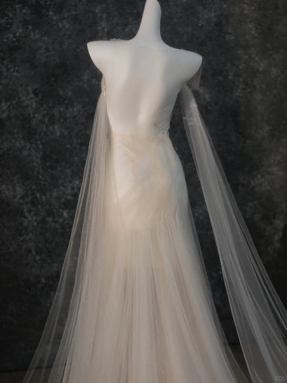 Ethereal Sheer Tulle Overlay Sheath Maxi Evening Dress Romantic Asymmetric Neckline One-Shoulder Design Short Sleeve Prom Dress AP2199