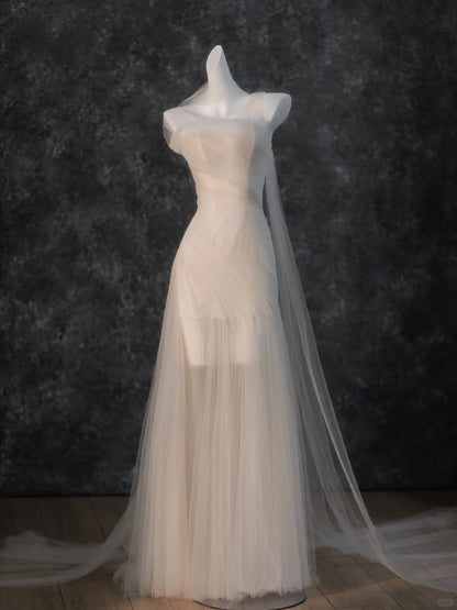 Ethereal Sheer Tulle Overlay Sheath Maxi Evening Dress Romantic Asymmetric Neckline One-Shoulder Design Short Sleeve Prom Dress AP2199