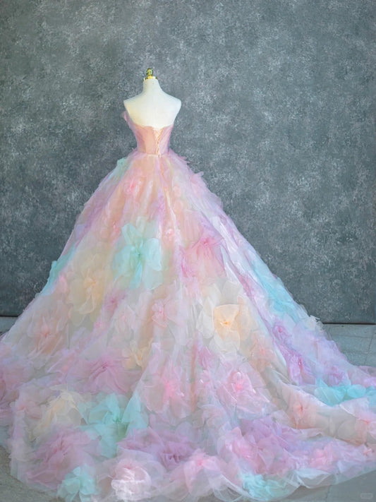Vibrant Strapless Rainbow-Colored A-Line Beading Maxi Dress Dopamine-Inspired 3D Floral Accent Cascade Tulle Hem Prom Dress AP2201