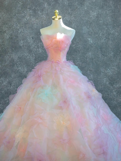 Vibrant Strapless Rainbow-Colored A-Line Beading Maxi Dress Dopamine-Inspired 3D Floral Accent Cascade Tulle Hem Prom Dress AP2201