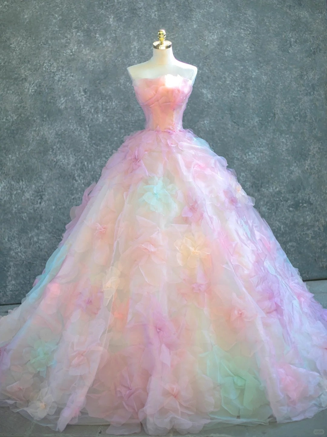 Vibrant Strapless Rainbow-Colored A-Line Beading Maxi Dress Dopamine-Inspired 3D Floral Accent Cascade Tulle Hem Prom Dress AP2201