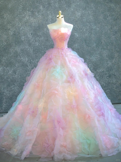 Vibrant Strapless Rainbow-Colored A-Line Beading Maxi Dress Dopamine-Inspired 3D Floral Accent Cascade Tulle Hem Prom Dress AP2201
