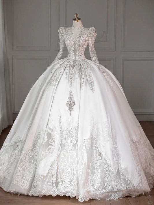 Charming Crystal Tulle Accents Long Sleeve Bridal Dress Exquisite Splicing Mesh Neckline Beaded A-Line Wedding Dress AP2202