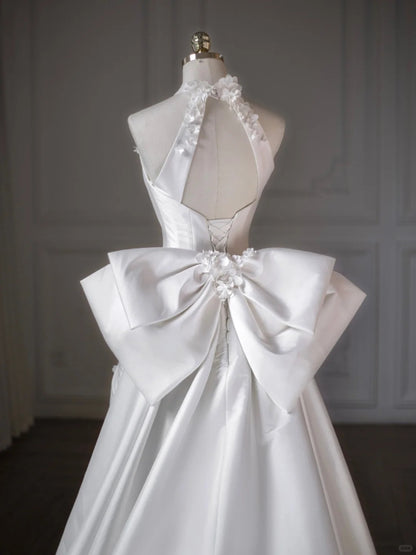Luxurious White Satin Beading 3D Florals Detail Halter Bridal Dress Graceful Oversized Bow Accent Ruched Wedding Dress AP2203