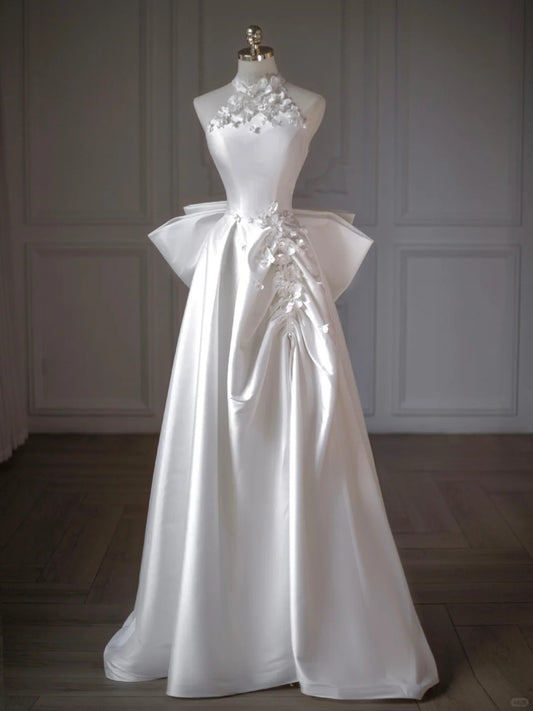 Luxurious White Satin Beading 3D Florals Detail Halter Bridal Dress Graceful Oversized Bow Accent Ruched Wedding Dress AP2203