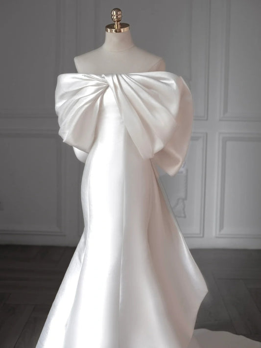 Graceful Off-Shoulder White Satin Mermaid Maxi Dress Minimalist Oversized Bow Accent Wedding Dress AP2204