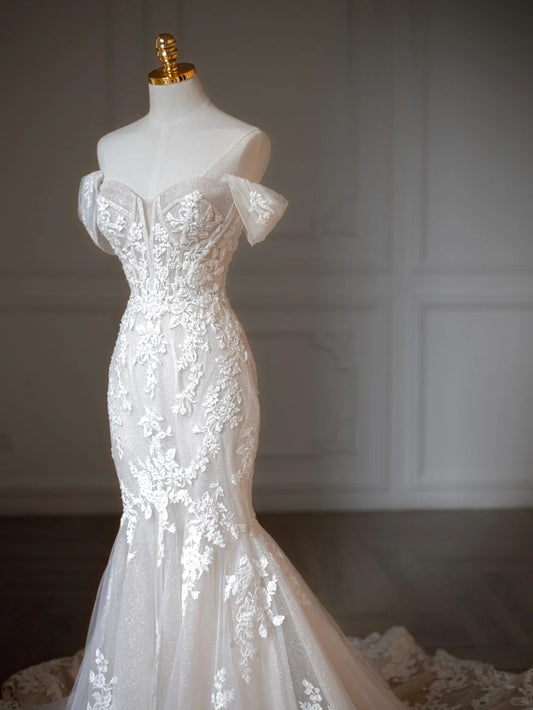 Charming Off-Shoulder Applique Mermaid Maxi Dress Dreamy Cascade Tulle Hem Beading Wedding Dress AP2205