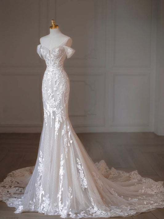 Charming Off-Shoulder Applique Mermaid Maxi Dress Dreamy Cascade Tulle Hem Beading Wedding Dress AP2205