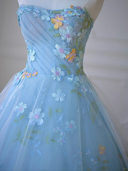 Romantic Blue Tulle Layered Strapless Maxi Dress Dopamine-Inspired 3D Floral Accent A-Line Prom Dress AP2206