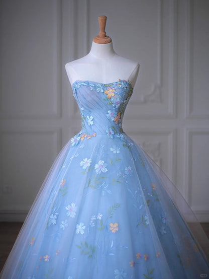 Romantic Blue Tulle Layered Strapless Maxi Dress Dopamine-Inspired 3D Floral Accent A-Line Prom Dress AP2206