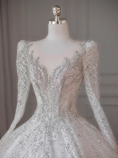Dreamy Crystal Accents Tulle Long Sleeve Big Bow Detail Bridal Dress Elegant Splicing Mesh Round Neck A-Line Wedding Dress AP2207